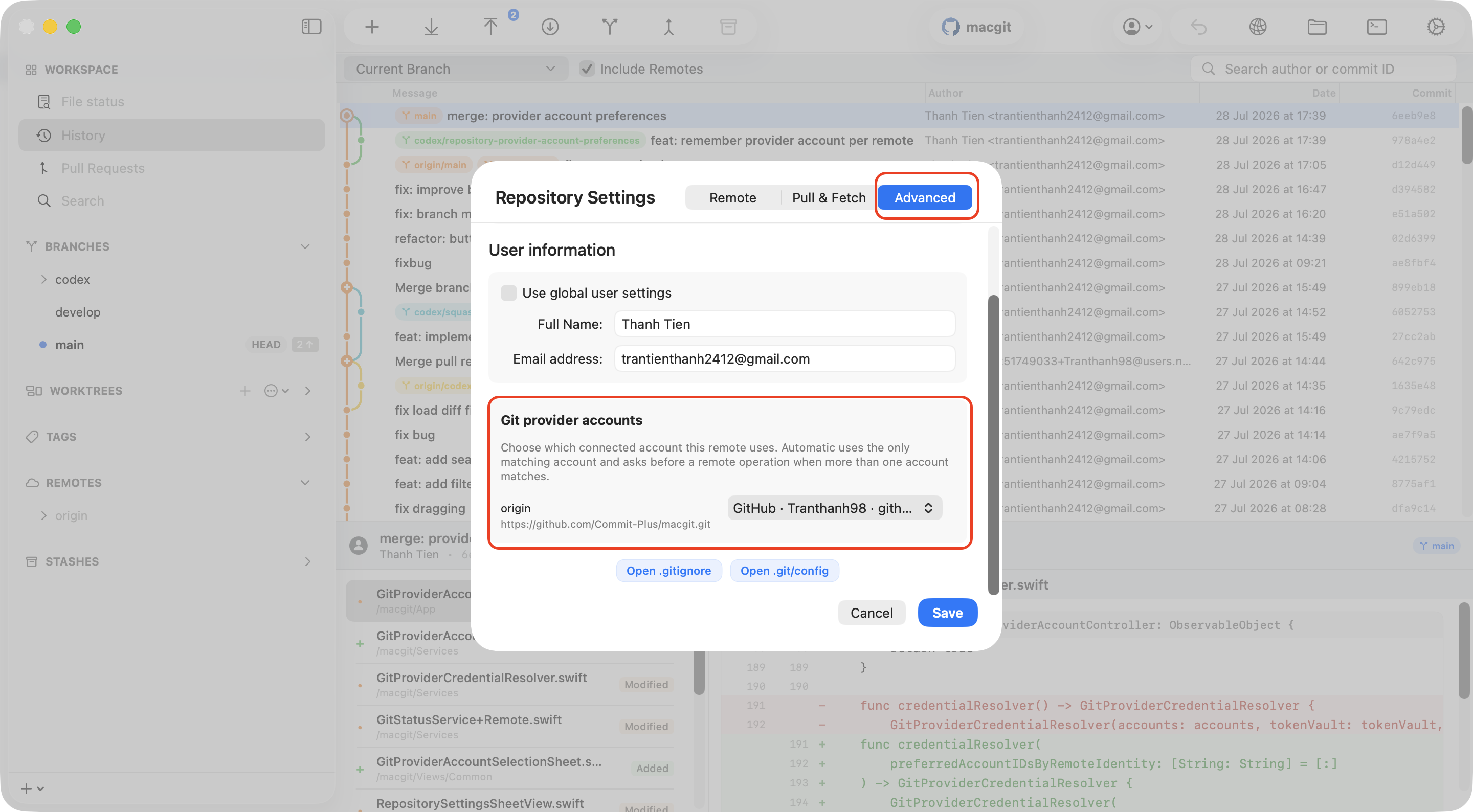 Select the connected Git provider account for the repository remote