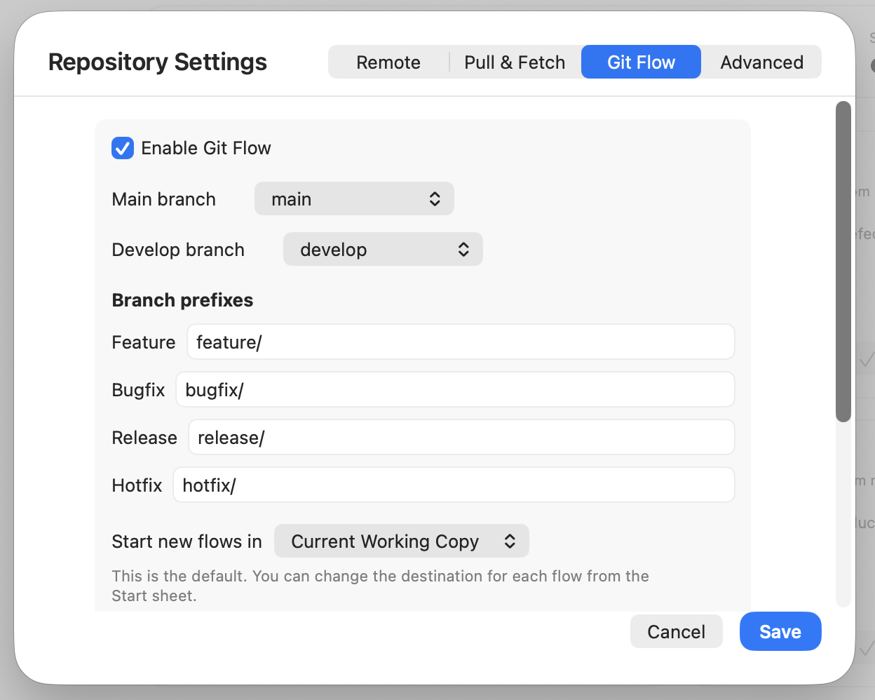 Commit+ Repository Settings Git Flow configuration