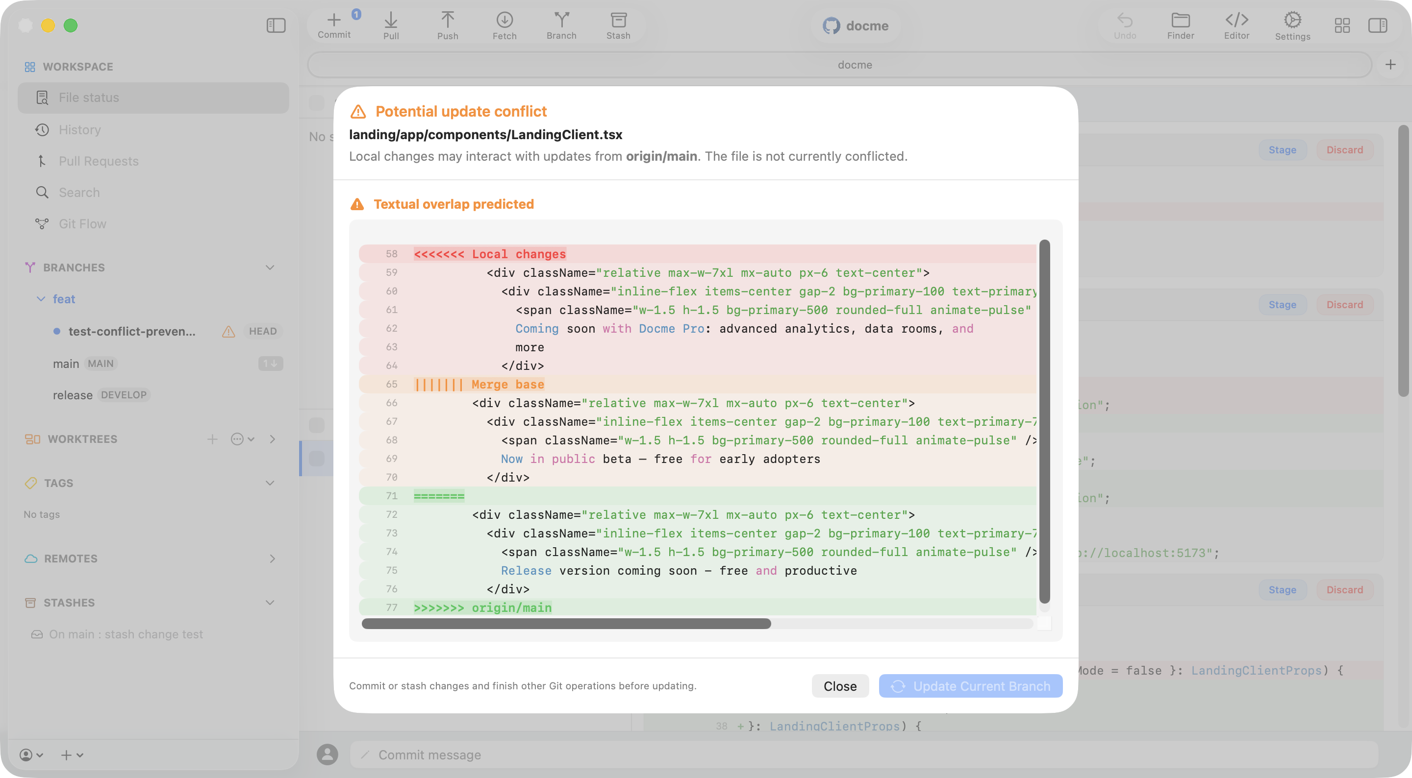 Commit+ potential update conflict sheet showing local changes, merge base, and origin main in a predicted textual overlap