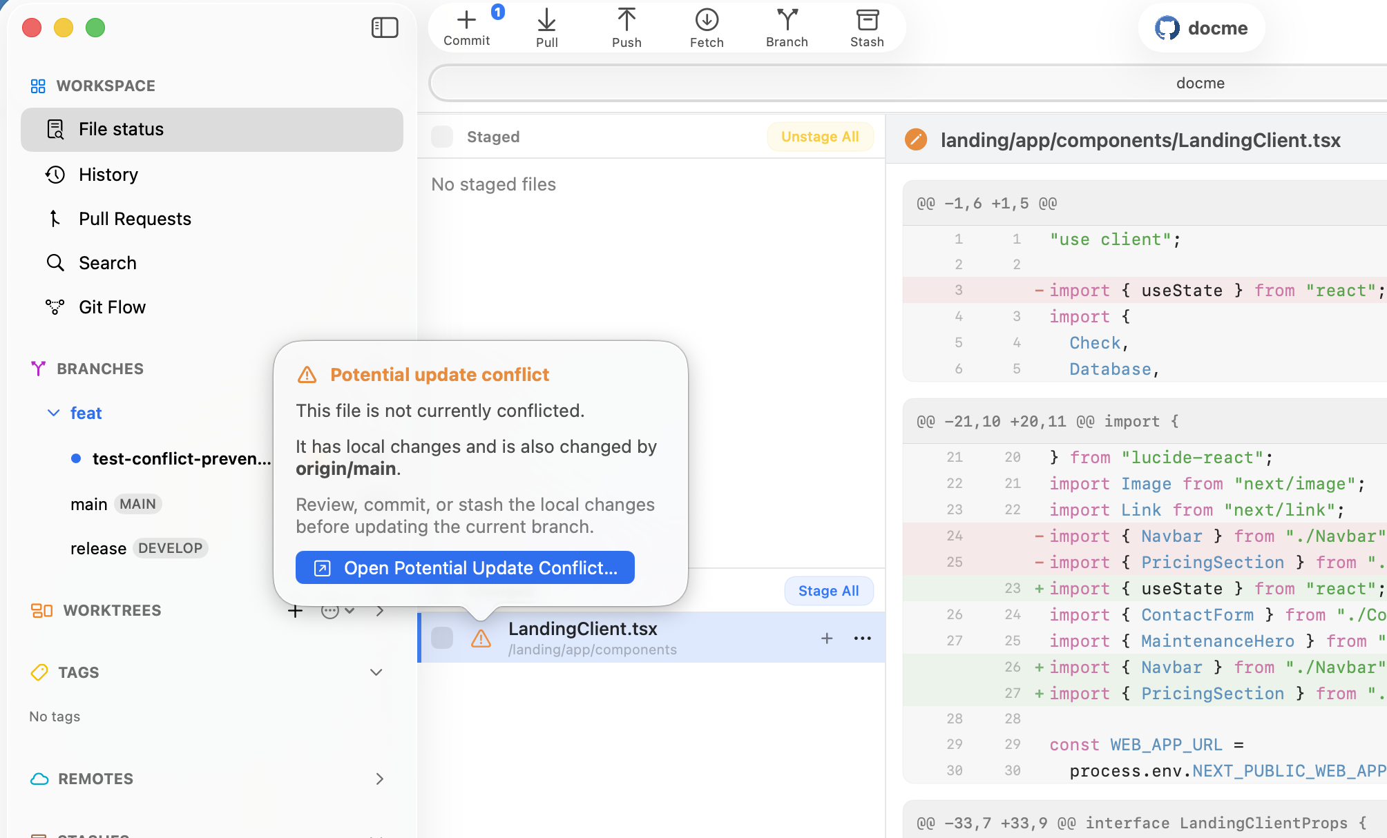 Commit+ file status view showing an orange potential update conflict warning beside a locally changed file