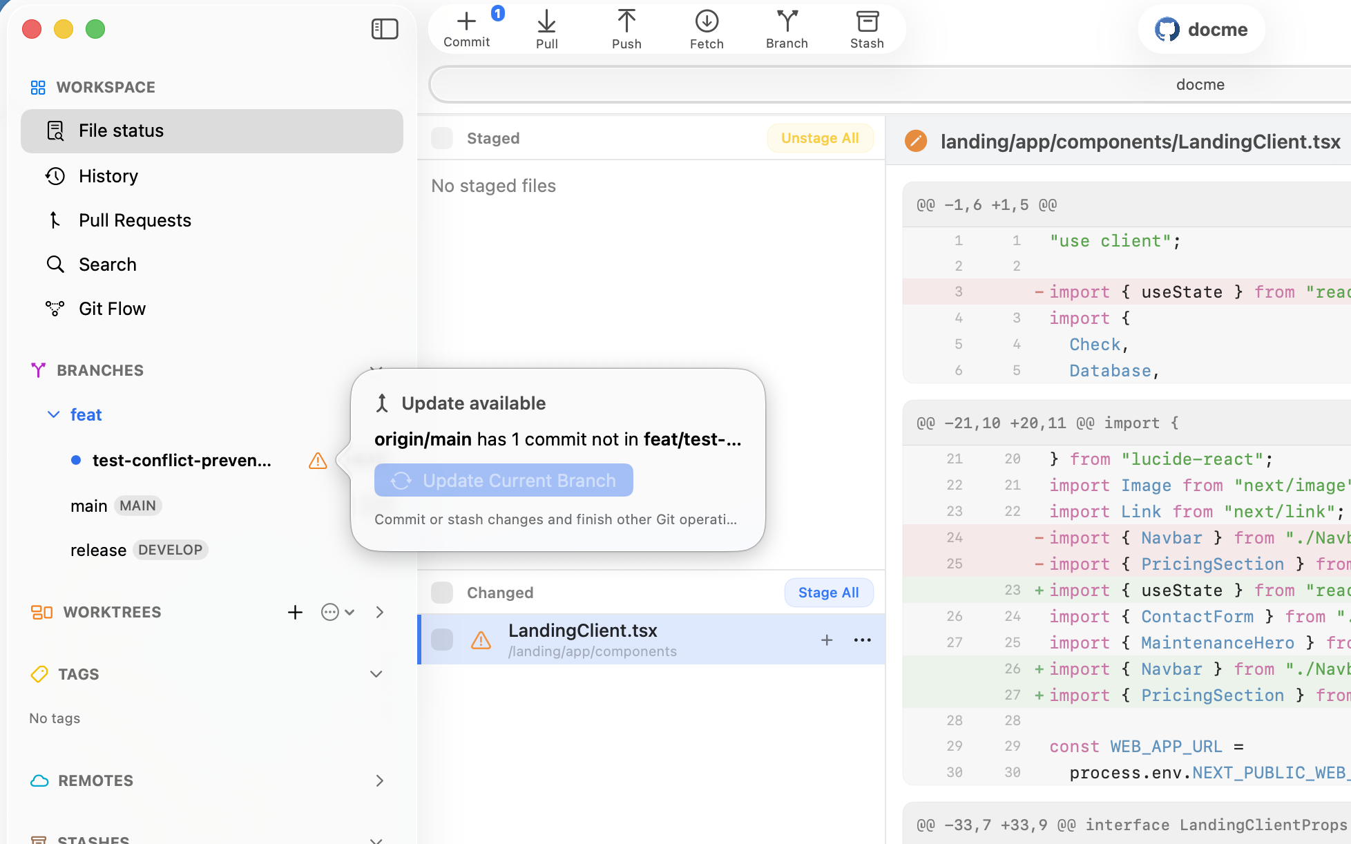 Commit+ update popover showing that origin main has a new commit and local changes must be committed or stashed first