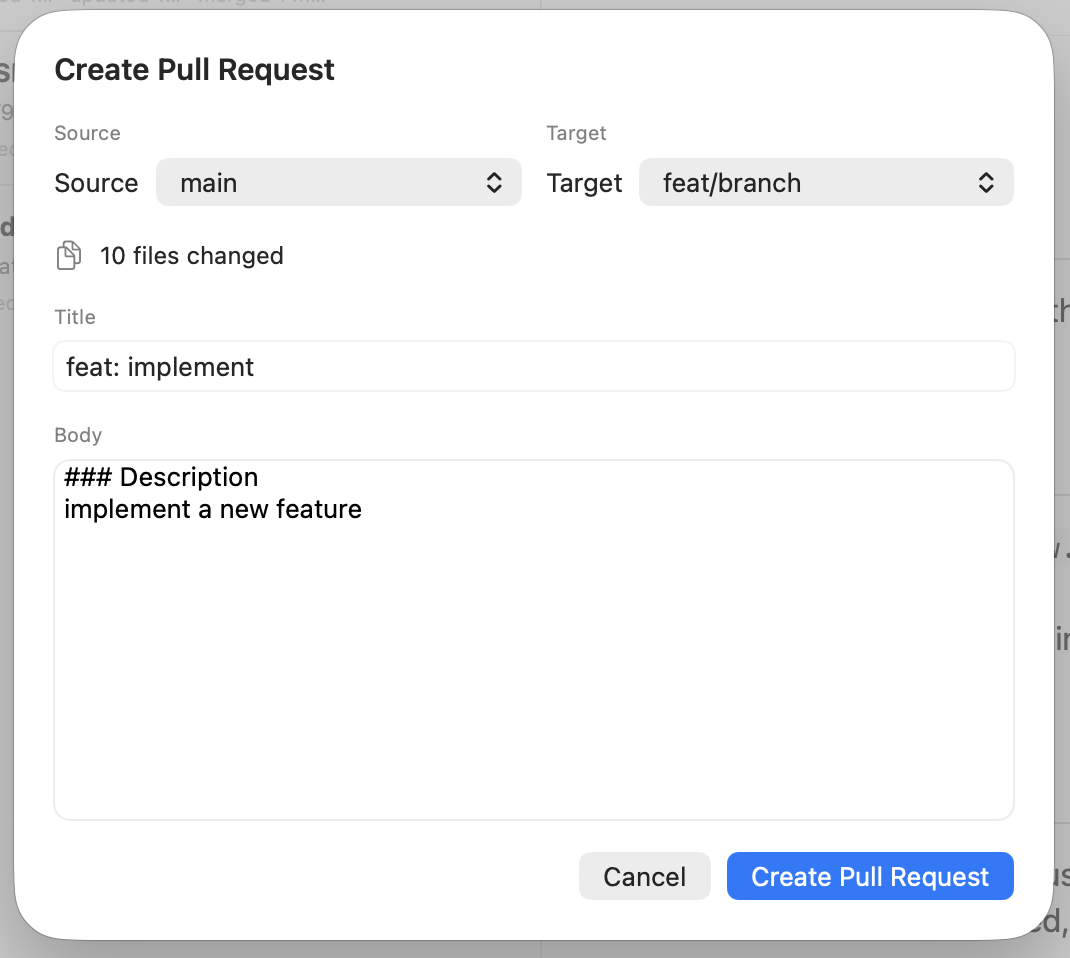 Commit+ Create Pull Request sheet with source and target branches, title, and body