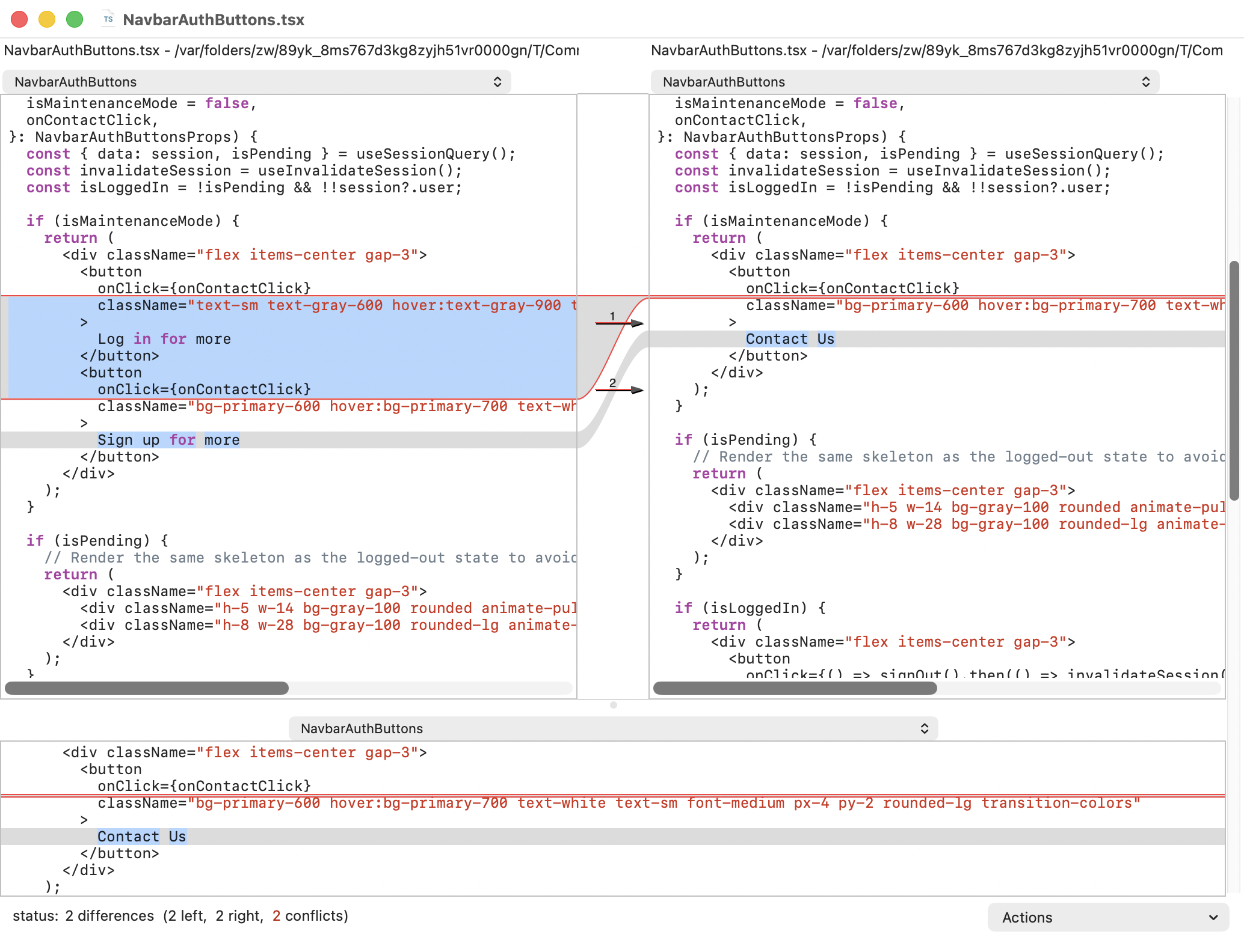 An external macOS merge tool opened from Commit+ to resolve a conflicted file